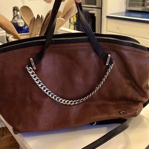 16 1/2 x 9 1/2 Halston Heritage brown leather purse with silver chain.